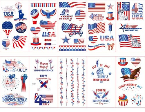 AMOYER 4 De Julio Tatuajes Temporales Pegatinas De Decoraciones Patrióticas, Suministros para Fiestas del Día De Independencia De Bandera Americana Azul Roja Y Blanca