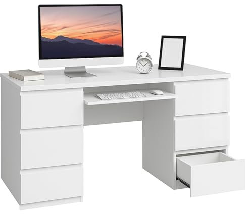 LSBIKE Schreibtisch Weiß mit 6 Schubladen Hochglanz – Moderner PC Tisch ohne Griffe, Bürotisch für Home Office, Kinderzimmer, Schminktisch ohne Spiegel, 120 cm Computer Tisch
