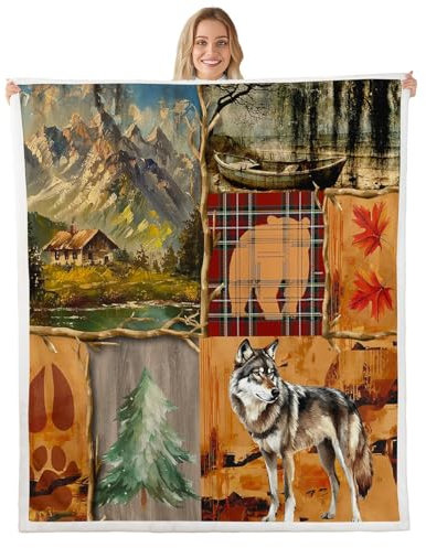 richhome Simpatica coperta in pile con lupo per letto, divano, bambino, 76,2 x 101,6 cm, con simpatico orsetto, decorativa, lupi che ululano, animali selvatici, rustico, capanna, country, sherpa