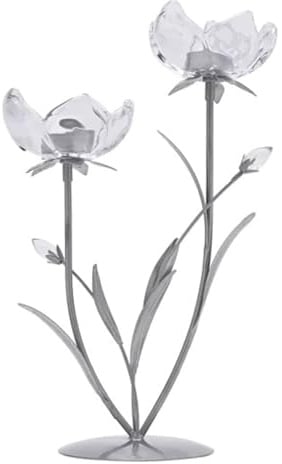 Widdop & Co. Hestia 2 Stem Candle Holder - 36cm Tall Silver Metal Base with Clear Glass Flower Cups - Elegant Floral Design Tealight Holder for Home Décor, Mantel or Table Centrepiece