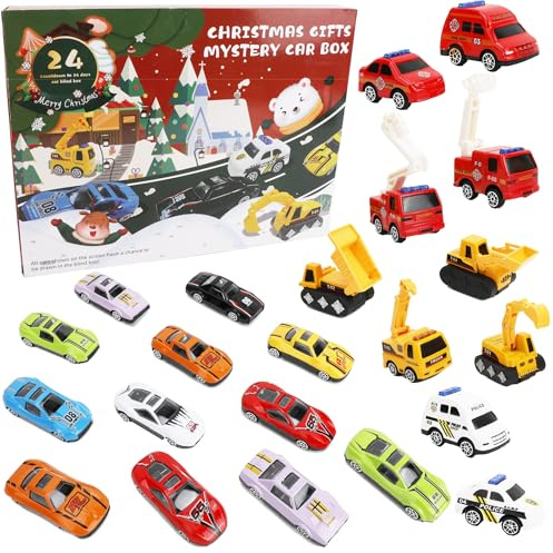 Adventskalender Autos für Jungs Mädchen Adventskalender 2025 Kinder 3-6 Jahre Weihnachtskalender 2025 Kinder Auto Sportwagen Renn Feuerwehrautos Traktoren Bagger Baufahrzeuge Geschenke für Jungen