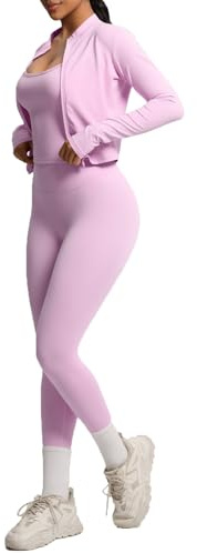 Genérico Trainingsanzug für Damen, Yoga-Set, kurzes Oberteil, langärmelig, Fitnessjacke, Laufen, Leggings, 3-teiliges Set, atmungsaktiv