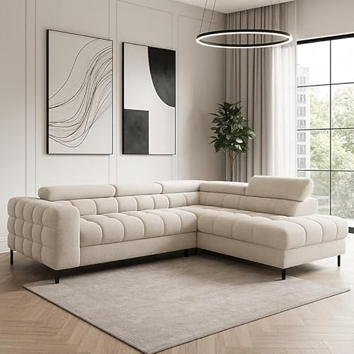 Agritrade AK Modern Ferucce Corner Sofa Bed with Storage Adjustable Headrests and Wavy Springs Cream Right Side
