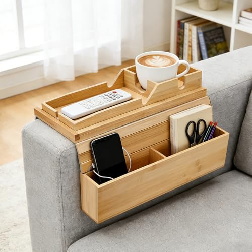 Turmegtt Bamboo Sofa Arm Tray Slip Foldable Sofa Detachable Couch Arm Table | Foldable Tray with Cup Holder/Phone Holder/Storage Compartments, Perfect for Coffee, Drinks, Phone, Remote, Snacks, Books