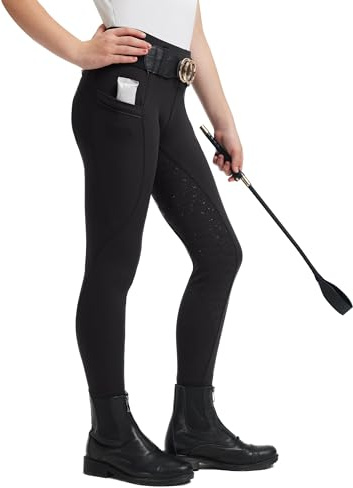 FitsT4 Sports Girls Horse Riding Pants Full Seat Silicone Girls Equestrian Pants Stretchy Kids Breeches Riding Tights Pockets Black S