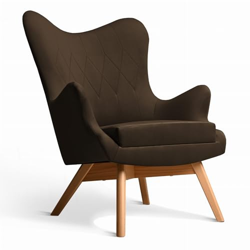 MG Design Ohrensessel aus Samt in Dunkelbraun – Bequemer Polstersessel mit Holzbeinen, hoher Rückenlehne & weichem Samtbezug für Wohnzimmer oder Schlafzimme