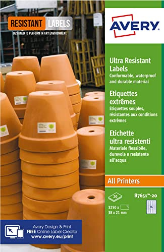 Avery B7651-20 Ultra Resistant Etiketten, weiß (A4, 38,1 x 21,3 mm, 20 Etiketten)