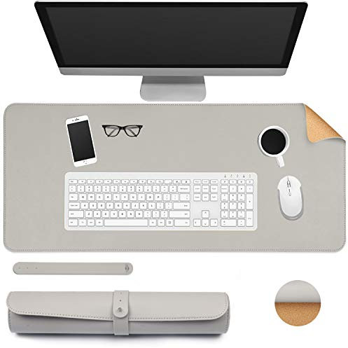 Dricar Mauspad, Large Size Multifunktionales Gaming Office Mauspad, wasserdichte Schreibtischunterlage aus PU-Leder, Ultradünnes Mousepad, ideal für Büro/Zuhause (Hellgrau + Kork, 70X30CM)