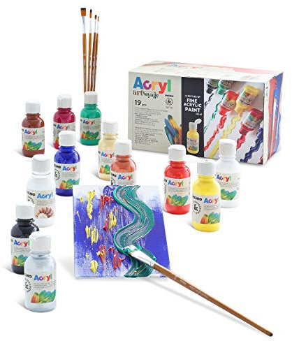 PRIMO Hobby & Professional - Box 11 Acrylfarben Set 125 ml, für Künstler ab 14 Jahren, 5 Pinsel + 1 Acryllack + 2 Leinwandkartons, Permanente Textilfarben, Kreative Arbeiten, Schreibwaren