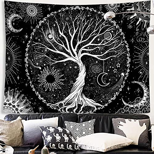 Spenlife Wandteppich Baum des Lebens, schwarz-weiß, Wandteppich für Schlafzimmer, spirituell, ästhetischer Baumteppich, ästhetischer Wandbehang für Schlafzimmer, schwarz, 152,4 x 203,2 cm