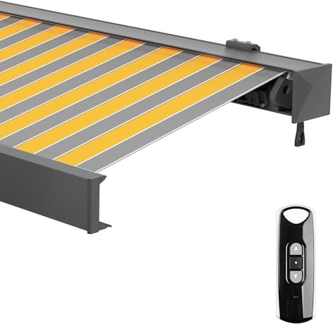 paramondo Markise Kassettenmarkise Line Gelenkarmmarkise Balkon Terrasse Sichtschutz, mit jarolift Funkmotor, Vollständig zusammengebaut, 3,5 x 3 m, Anthrazit-Matt, Stoff: Block, Gelb-Grau