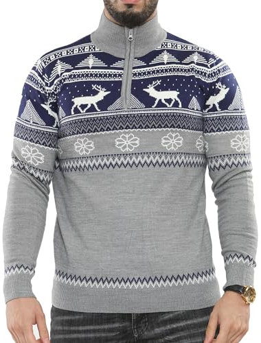 NOROZE Men's Merry Christmas Mock Zip Nordic Style Reindeer Moose Stag Funnel Crew Neck Festive Christmas Xmas Jumper (M, Mock Zip Navy)