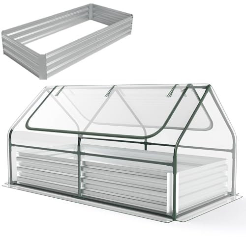 COSTWAY Raised Garden Bed with Greenhouse, Outdoor Elevated Planter Box with PVC/PE Cover & Dual 2-Tier Roll-Up Windows, Steel Mini Growhouse for Patio (PVC Cover, Silver+Clear, 180 x 90 x 91cm)