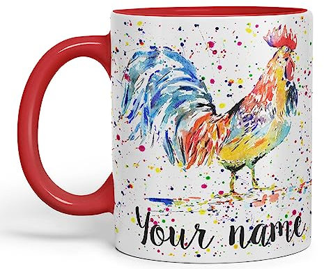 Personalisierte Tasse mit Ihrem Text Hahn Huhn Henne Bauernhof Aquarell Kunst farbige Keramiktasse Tasse Geschenk 330 ml 11oz Custom Work Office Tee Kaffee (rot)