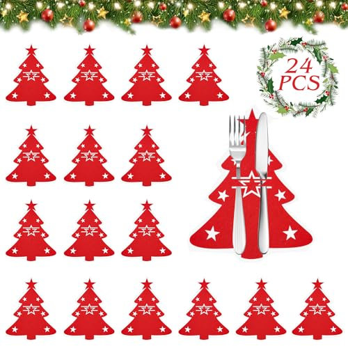 Besteckhalter Weihnachten Filz 24 Stück Bestecktasche Weihnachten, Bestecktasche Filz für Messer Gabeln Löffel für Weihnachten Tischdeko