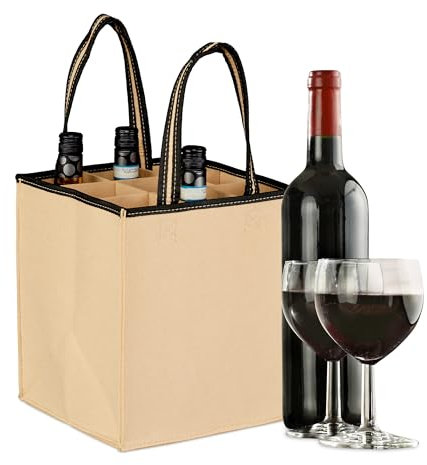 Relaxdays Borsa Porta Bottiglie di Vino e Birra, 9 Scomparti, Portabottiglie e Shopping Bag, 45x24x24 cm, Beige, Feltro