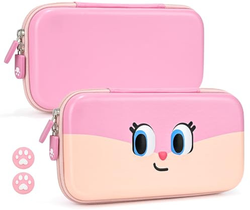 DLseego Funda de Transporte Compatible con Switch/Switch OLED,Adorable Gato Robusto Portátil Llevar Estuche Funda de Concha,Switch Transporte Almacenamiento Funda con 2PCS Tapas para el Pulgar,Rosa