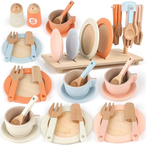 Wooden Tea Set for Toddlers Toy Kitchen Accessories 27 PCS Kids Pots and Pans Playset Wooden Play Food for Toddlers Girls Boys Age 2 3 4 (Pink)