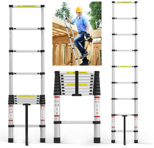 Telescoping Ladder 8.5FT Aluminum Lightweight Extension Ladder with Non-Slip Feet + Safety Latches + 330lbs Max Capacity, Multi-Purpose Attic Ladders Easy to Store Suitable, for Home, Outdoor