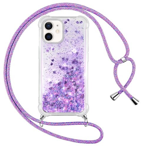 Vauki handyband für iPhone 11 Hülle mit Band, Silikon Durchsichtig Transparent Flüssig Glitzer mit Kette Kordel Bumper Treibsand Necklace TPU Schutzhülle Case für iPhone 11, Violett