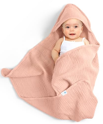 lulumoon Baby Handtuch Kapuze für Badezimmer:Kapuzenhandtuch aus Musselin Baumwolle 75x76cm - extra weich saugfähig für Wärme nach Baden Eincremen - geeignet für Babys 0-18 Monate (Orange-rosa)