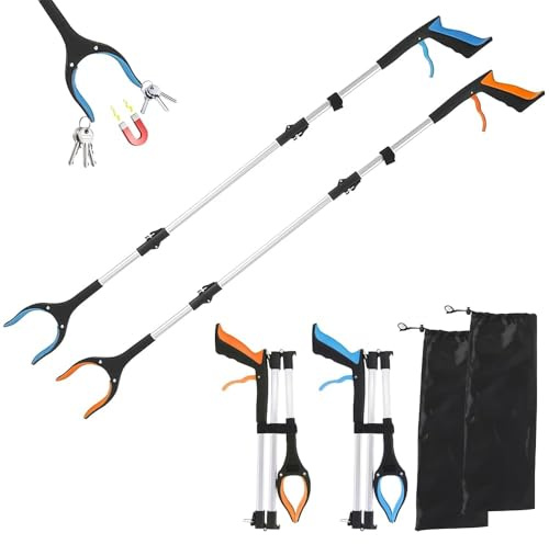 BlyeMichdi 2 Pezzi Pinza telescopica Pieghevole 109cm, Testa Rotante 360° Pinza Prensile in Alluminio, Bastone Raccogli Rifiuti, Raccoglitore di Immondizia con Punte Magnetiche (Blu+Arancione)