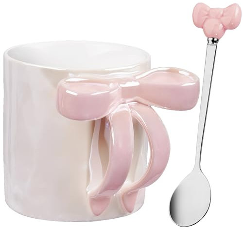 NiHome 340ml/12oz Bow Handle Cute Ceramic Coffee Mug – Starry Electroplated Finish, Microwave & Dishwasher Safe, Gifts & Mugs for Women (Pink)