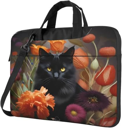 Borsa per computer portatile con gatto nero e fiore per donne e uomini, elegante borsa a tracolla per computer portatile, ultra sottile, custodia per laptop da 13, 14 e 15,6, Modelli 3D, Laptop Bag