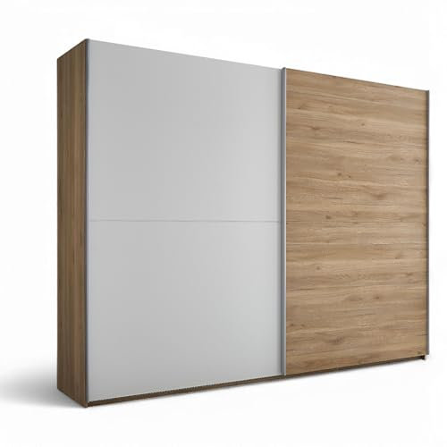 MESIO Kleiderschrank in Mauvella Eiche Optik, Weiß - Vielseitiger Schwebetürenschrank 2-türig mit viel Stauraum - 270 x 210 x 60 cm (B/H/T)