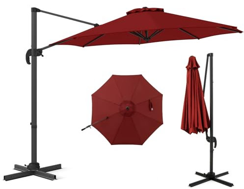 COSTWAY Parasol Déporté Professionnel 3M, Parasol de Jardin Exterieur avec Pied et Manivelle, Anti-UV, Pivotant à 360°, Inclinable, Poteau en Aluminium, pour Terrasse, Patio, Balcon (Bordeaux)