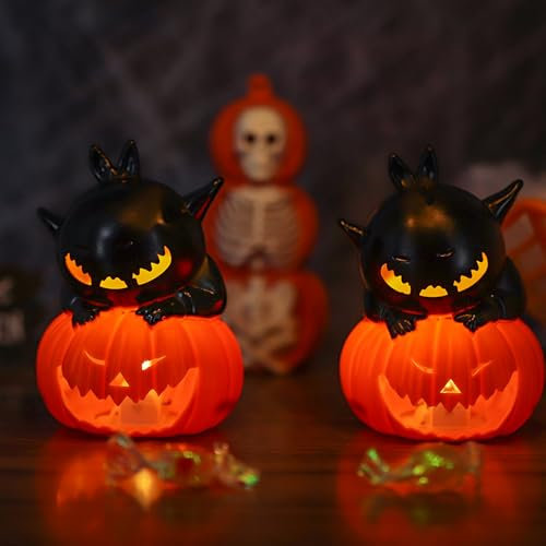 Halloween Deko Kürbis Laterne, LED Kürbislaterne Katzen Nachtlicht, Halloween Kürbis Laterne für Außen Innen, Herbstdeko Beleuchtet Kürbislicht, Herbst LED Outdoor für Spukhaus-Urlaubsparty (2 Stück)
