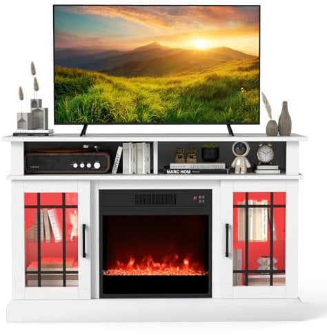 COSTWAY Electric Fireplace Insert TV Stand, Entertainment Center Console Table for 50 TVs with RGB LED Lights, Adjustable Flame, Overheat Protection Fireplace Heater & Remote Controls (White)