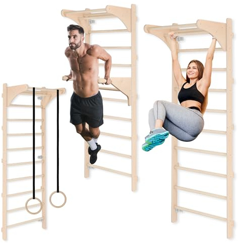 MAMOI Escalera de gimnasia para entrenamiento con mango y barra de inmersión, barra de barra con anillos de madera ajustables para entrenamiento de fuerza y estiramiento, montaje en pared, asas de