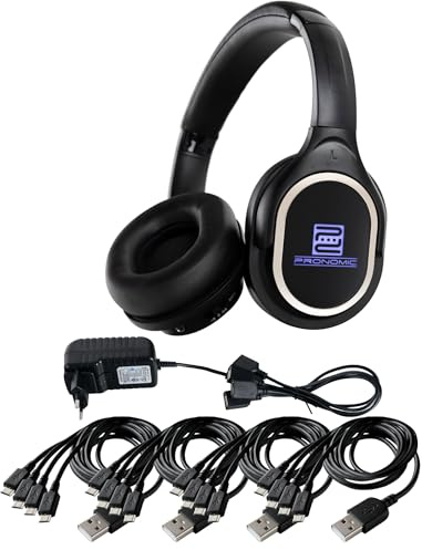 Pronomic SDH-340-16-USB-C Silent Disco V2 Kopfhörer Set - 16 Funkkopfhörer mit LED Kanalanzeige, USB-C Ladegerät, kompatibel mit SCPS-643 System, erweiterbar für Events und Partys - Schwarz