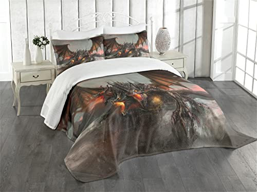 ABAKUHAUS Fantasy World Tagesdecke Set, Drachen Monster, Set mit Kissenbezügen Klare Farben, für Doppelbetten 220 x 220 cm, Braunen Grauen