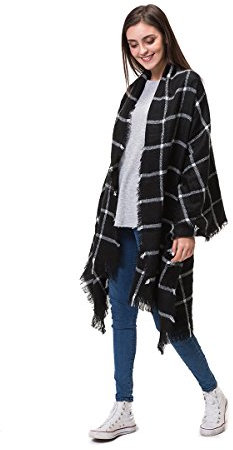 Lemef Damen Schal Kariert Winterschal Quadratisch Deckenschal Karo Tartan Streifen Plaid Muster Oversized Fransen Poncho