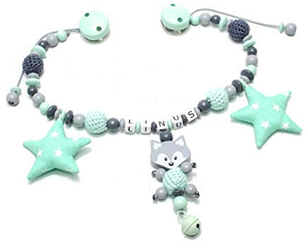 Kinderwagenkette mit Namen mint grau Fuchs Knister Rasselsterne