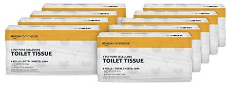 AmazonCommercial Toilet Roll, 3-ply Premium, 72 Roll (9 packs of 8), 243 Sheets per Roll, Sheet Size: 9.46 x 11 cm, T4 / T6 Dispenser Compatible