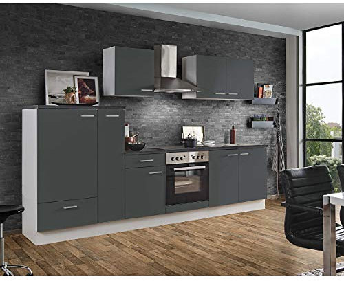 Lomadox Küchenblock grau, inklusive Aphothekerschrank & E-Geräte, Breite 300 cm Einbauküche, frei kombinierbar