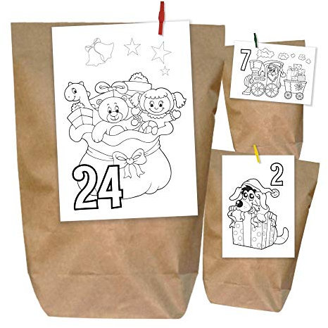 Unser-Festtag DIY Adventskalender zum Befüllen für Kinder. 24 Zahlen zum ausmalen, bemalen, Ausmalbilder, Weihnachtsmotive. Mädchen und Jungs.