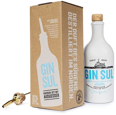 Gin Sul Hausbar-Set - 1 x 0,5l Hamburger handcrafted Premium Dry Gin 43% Vol. mit Metall-Ausgießer in Goldoptik als Geschenk, Aromen von Wacholder & Zitronen aus Portugal