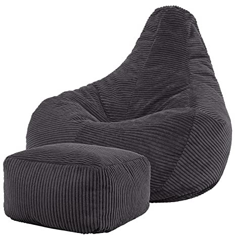 Icon Dalton Sitzsack mit Hocker Cord, Dunkelgrau, Gaming Sitzsack Erwachsene mit Füllung, Bean Bag, Cord Sessel, Lounge Sessel, Lounge Stuhl, Schlafzimmer, Wohnzimmer, Wohnzimmer Möbel