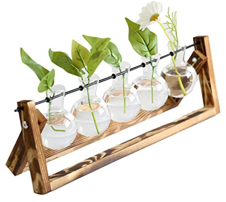Plant Terrarium with Wooden Stand | Planter Terrarium with Wooden Stand - Desktop Air Planter 5 Bulb Glass Vase, for Hydroponics Water Plants Decor Accessories