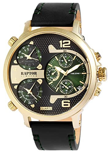 Raptor Limited Herren-Uhr Leder Armbanduhr schwarz goldfarbig 3 Zeitzonen Datums-/ Wochentaganzeige 24 Std. Tachymeter