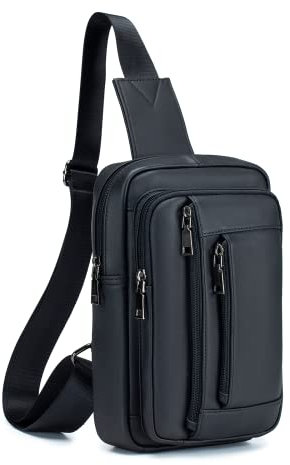 Echtes Leder Umhängetasche,Mode Retro Crossbody Bag,Casual Outdoor Chest Bag,Multi-Pocket Handtasche,Chest Crossbody Bag für Männer und Frauen,geeignet für Casual Outdoor und Business Travel,Schwarz