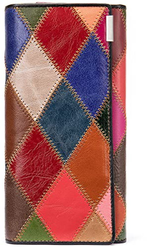 Karoukee Femmes Pliant Long Portefeuille en Cuir Véritable, Sac à Main d'embrayage Patchwork Colorée Unique pour Téléphone, Grande Capacité Porte-Cartes de Crédit Kiss Lock Porte-Monnaie