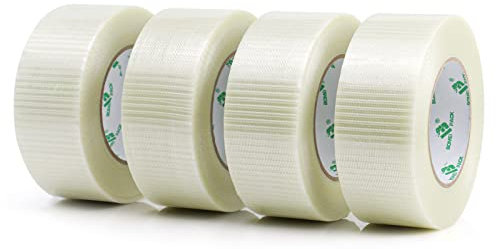 BOMEI PACK 4 Pack Bi Directional Filament Ruban Adhésif, Ruban d'emballage renforcé de fibres filament Renfort et cerclage ruban adhésif robuste adhésif, 50m x 50mm
