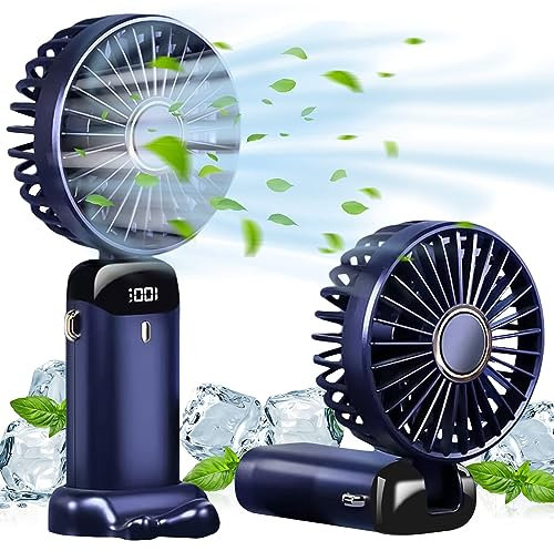 AMFUN Portable Handheld USB Rechargeable Personal Fan - 4800mAh, Foldable Desk Fan with LED Display, 5 Speeds for Outdoor/Indoor (Blue)