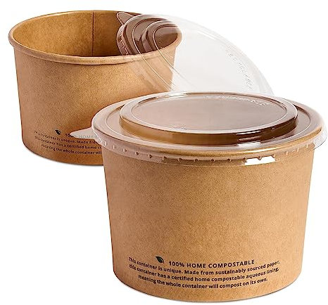 DISPOSABLE GREEN - NEXTGEN Kraft Paper Bowls, Food/Salad Bowl with RPET Clear Lid, Leakproof-&-Oil-Proof Soup Containers, Ice Cream Tubs, Repulpable & Disposable Bowls, 16oz, 300 Pieces