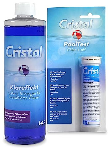 Cristal Klareffekt Trübungsentferner inkl. Chlor & pH-Teststreifen - Für alle Filterarten - Gegen trübes Poolwasser - Verbessert die Filtration - Einfache Anwendung - Für kristallklares Wasser